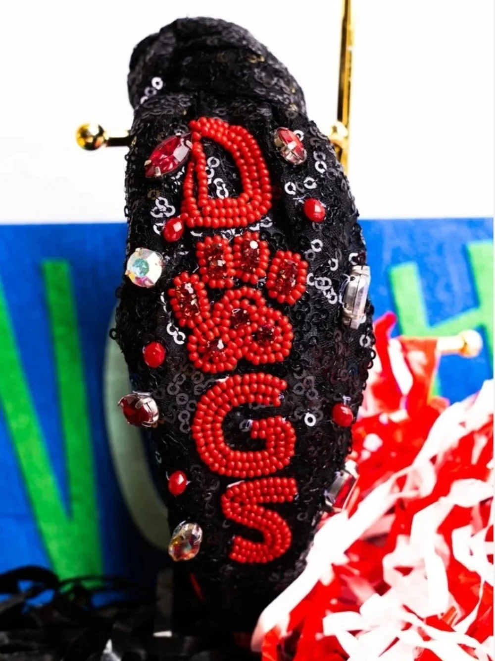 Embellished Black Headband with Red Beaded Lettering